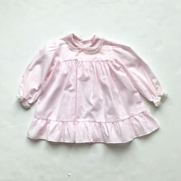 Vintage Pink dot dress w/eyelet pinafore 12-18m - Picture 2 of 6
